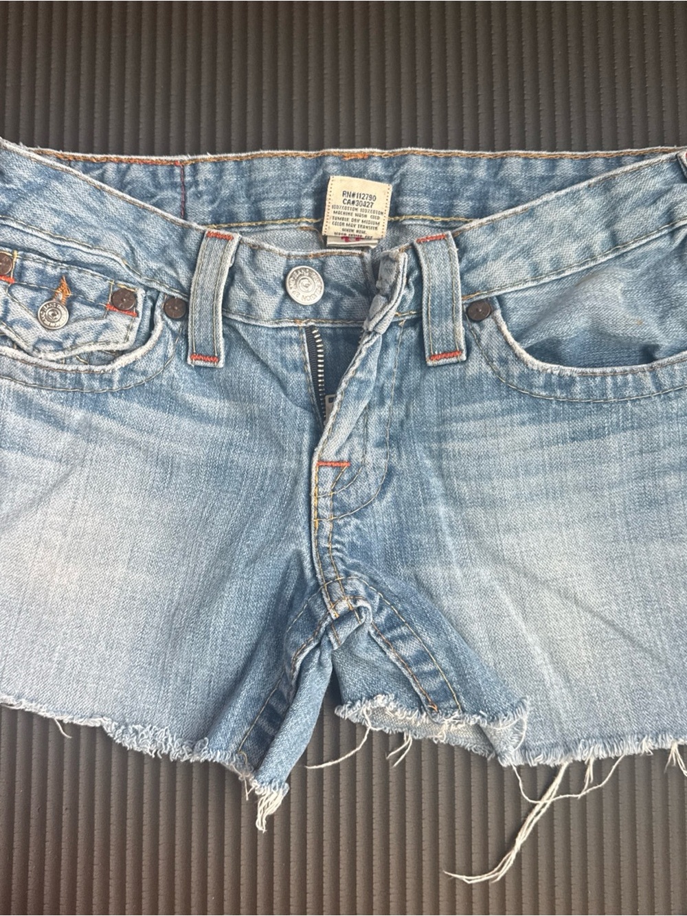 True Religion Light Blue Distressed Denim Cutoff Shorts